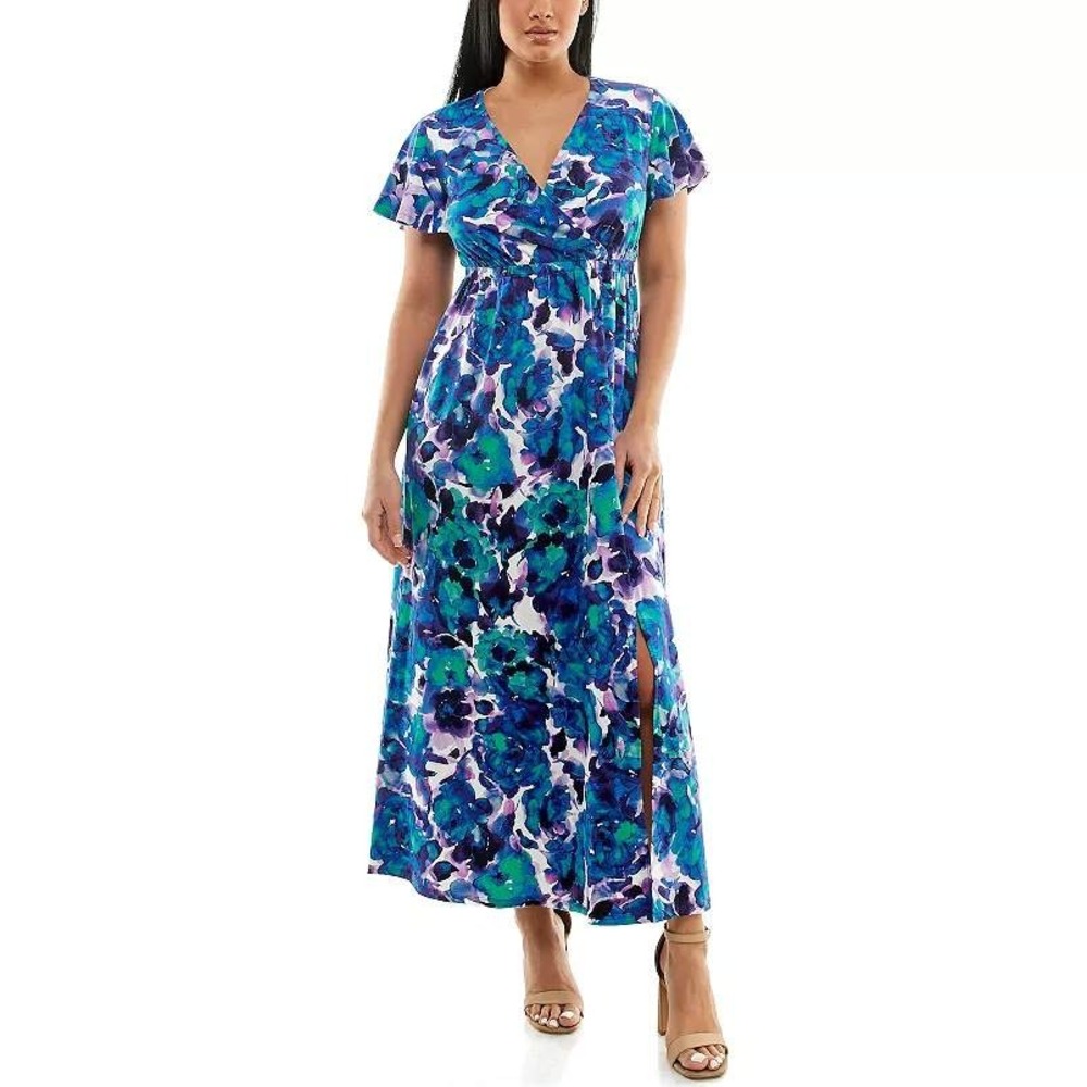 Nina Leonard Flutter Sleeve V Neck Side Slit Pullover Wrap Maxi Dress Size Large